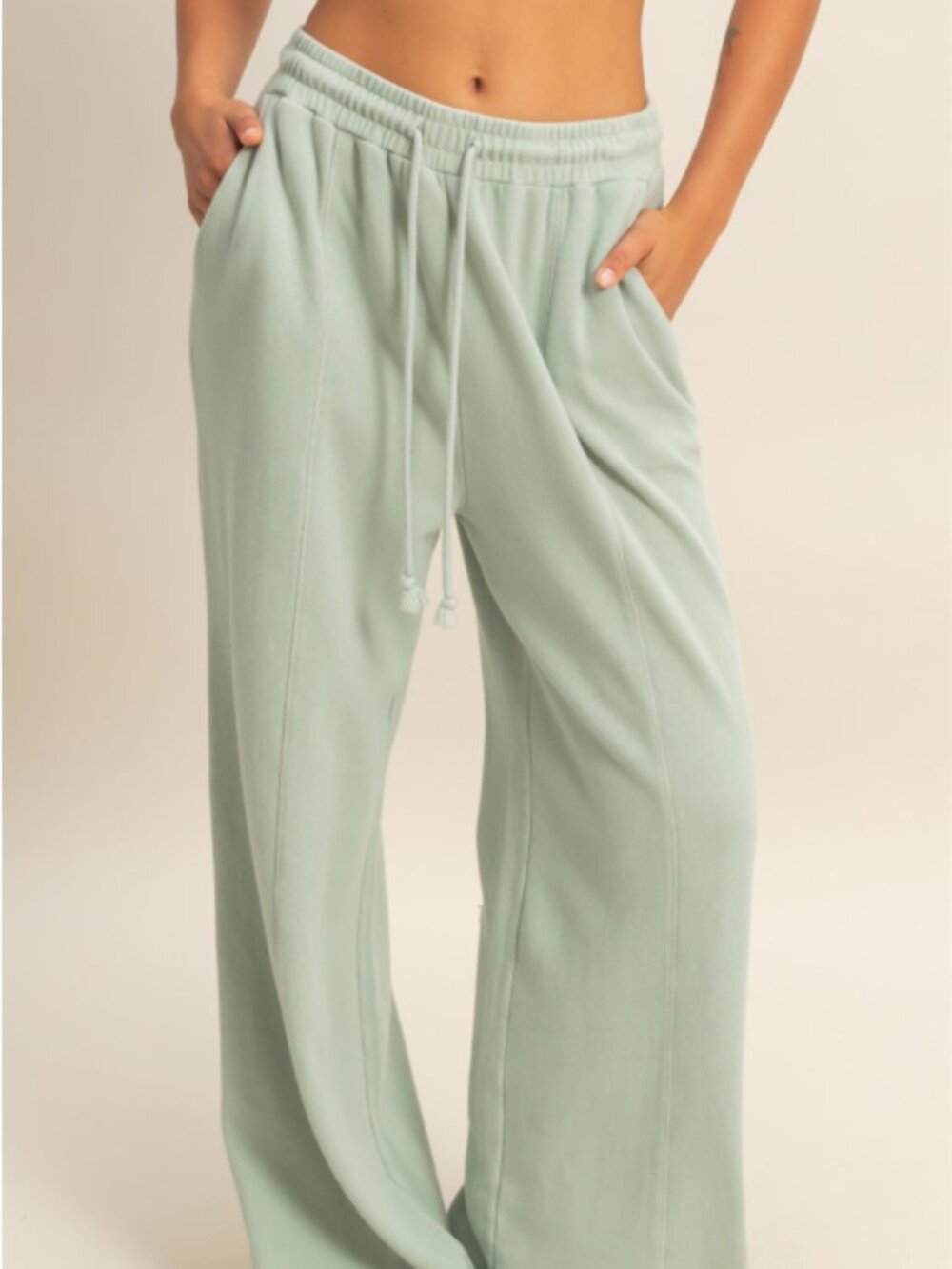Acid Wash French Terry Wide-Leg Pants - SAGE GREEN